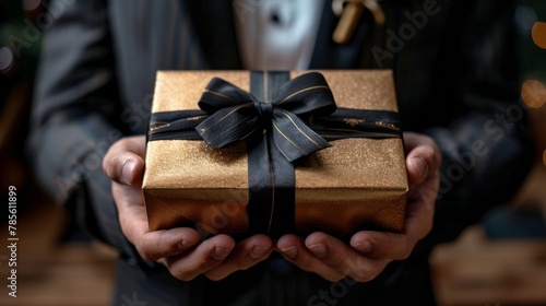 Man in Suit Holding Brown Gift Box