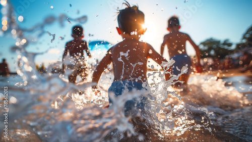 Kid playing at beach playing water . Splashing in summer sea . © Piyaporn
