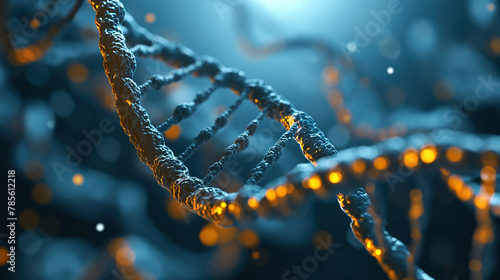  3d render of DNA double helix structure on dark blue background with glowing orange highlights. Concept for genetic research
