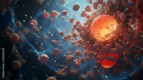 3d illustration of red blood cells against blue background with glowing particles.