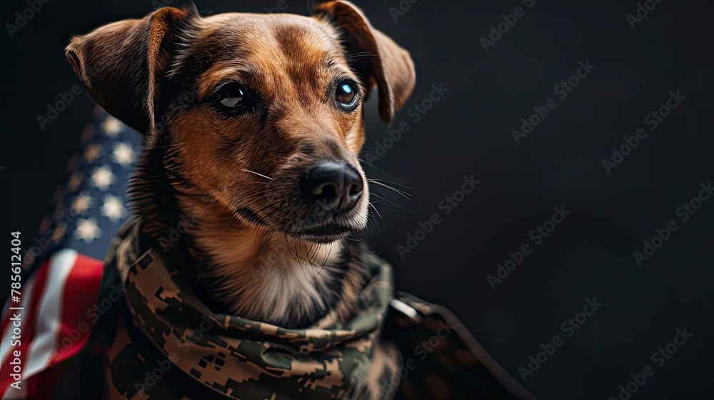 A cute brown dog poses indoors, wearing a military shirt and American Flag