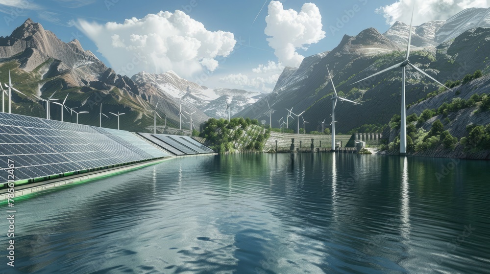 An advanced renewable energy grid, integrating solar farms, wind turbines, and hydroelectric dams with smart grid technology for efficient and sustainable power distribution.