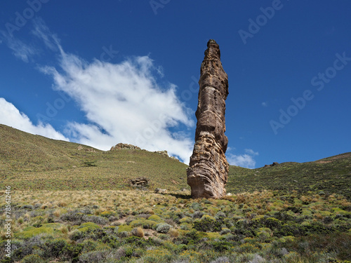 Piedra Clavada or Nailed Stone.  A strange rock formation in Patagonia, southern Chile. 40 meters high in the Jeinimeni Lake National Reserve. Patagonia National Park