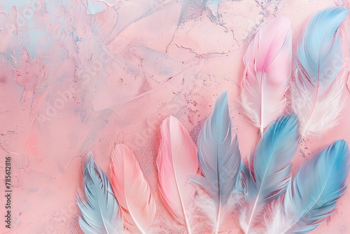 Pastel Dream: Bohemian Feather Wall Art in Soft Pink and Blue Hues © Bernardo