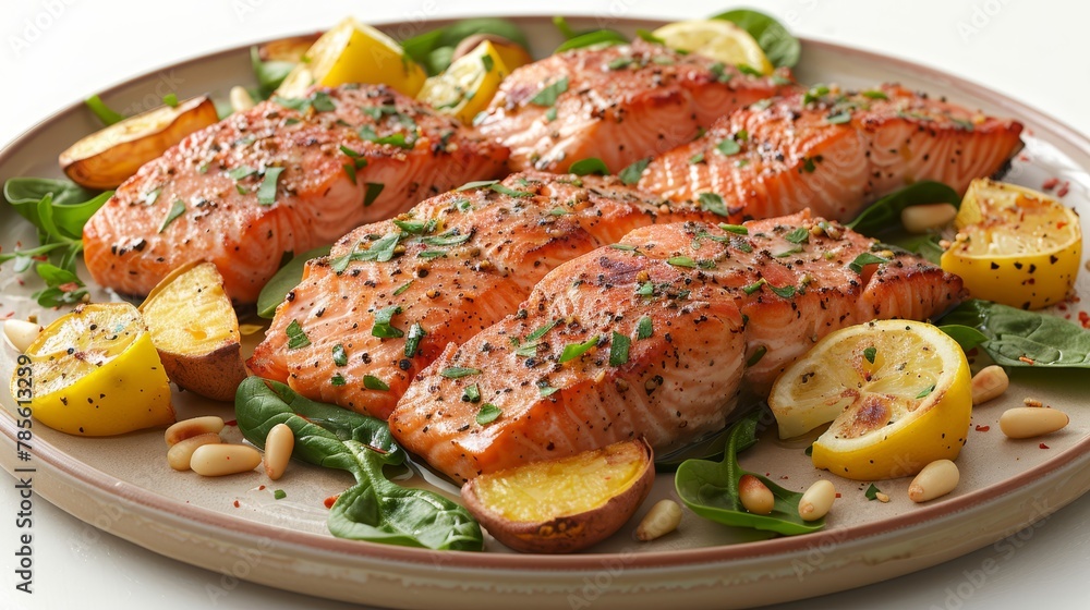   A white table holds a plate with salmon, lemons, and a bed of spinach