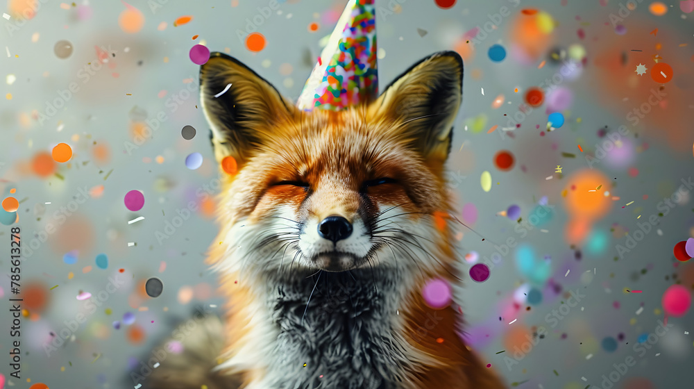 Obraz premium A photorealistic red fox wearing a party hat with confetti around, looking happy and smiling