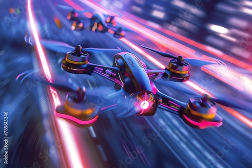 Illustrate the excitement of drone racing through a captivating low-angle view, highlighting the sleek design of the drones and the competitive spirit of the event, using a mix of CG 3D rendering and photo