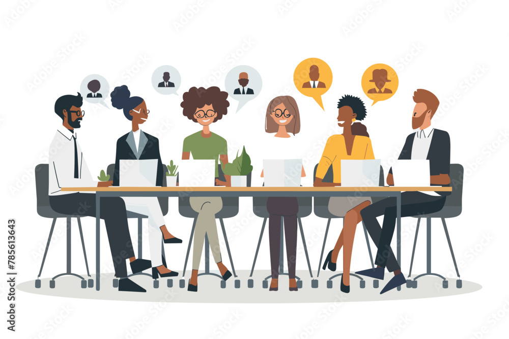 Diverse Business Professionals Collaborating in Dynamic Team Meeting, Engaging in Effective Communication and Productive Discussion, Teamwork Concept Vector Illustration