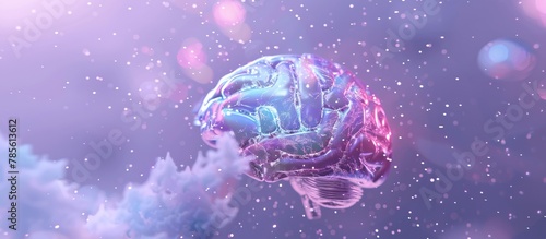 A digital image of a glowing brain floating among clouds and particles