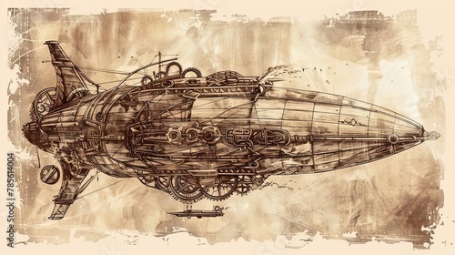 steampunk airship with gears and mechanical wings vintage sepia sketch drawing