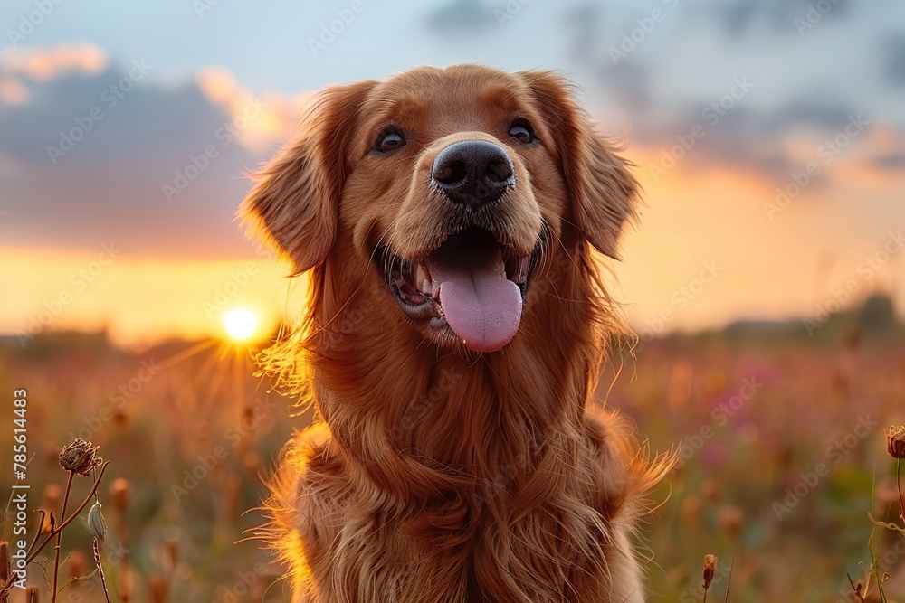 Golden Retriever, cute and happy face, sky background, hyper realistic photography in the style of unknown