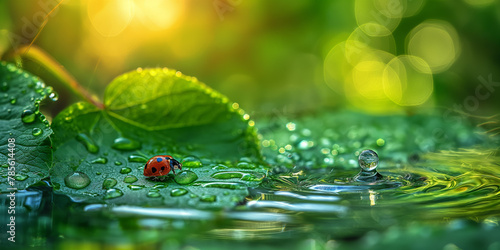 Marienkäfer auf einem ein grünen Blatt mit Wassertropfen photo