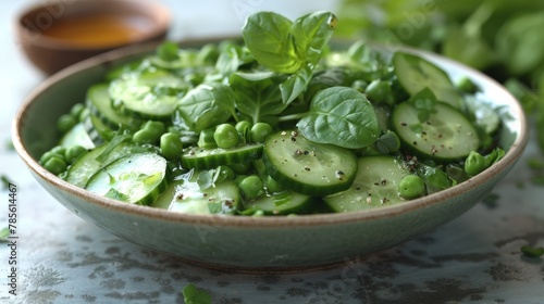   Close-up of a bowl filled with food Cucumbers and green leafy vegetables arranged on its edge