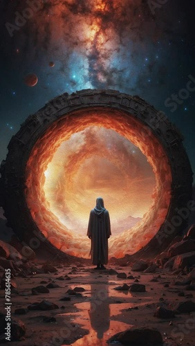 A man stands in front of a space portal, a door that seems to defy the laws of time and space, illustrating the concept of time travel and space exploration photo