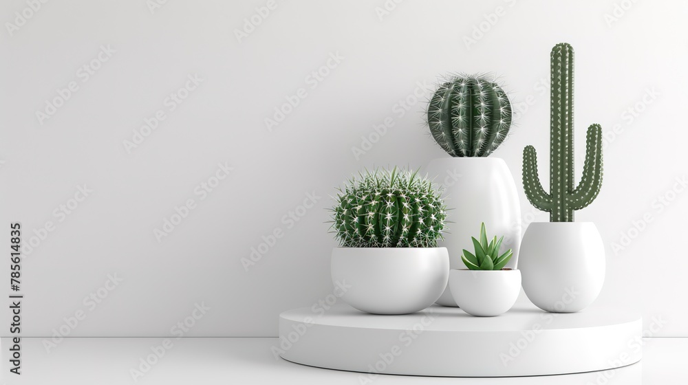 cactus in white pots on a white background on a podium with a place for text cactus in white pots on a white background on a podium with a place for text
