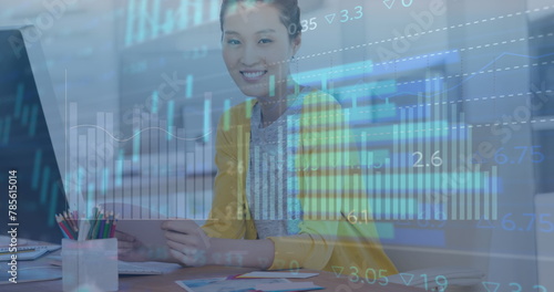 Image of multiple graphs moving over portrait of smiling asian businesswoman in office