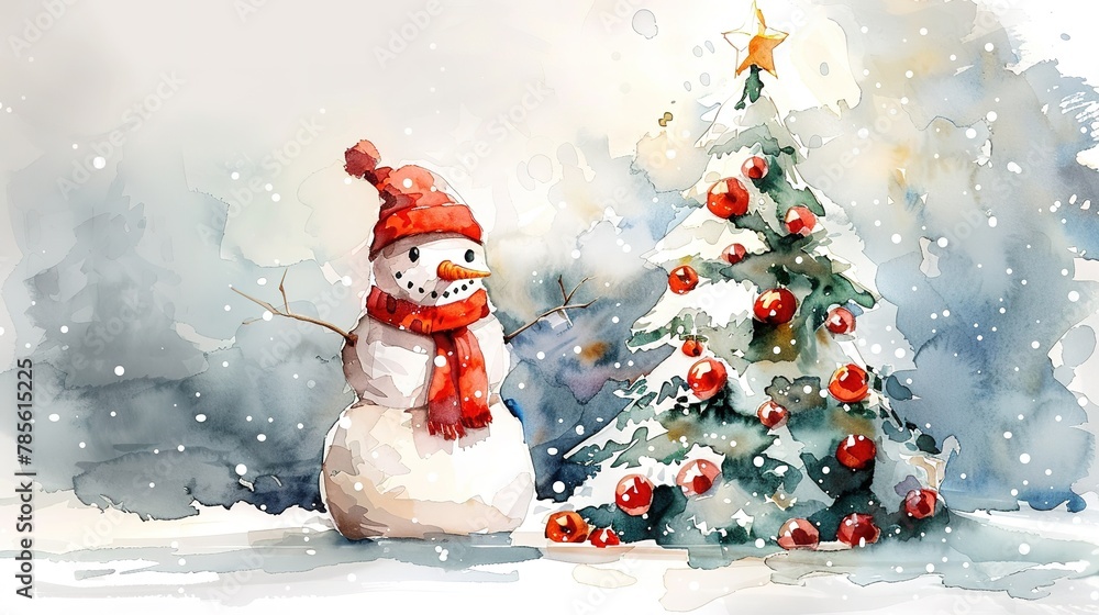 Snowman with a Christmas tree, watercolor	
