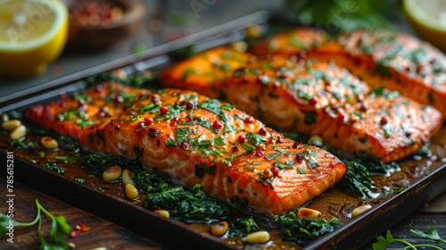  A tight shot of two salmons on a pan, surrounded by spinach and pine nuts on a weathered table Lemons rest in the background