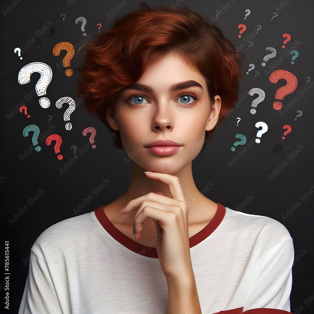 young woman with a short modern hairstyle, red curly hair in a casual style t-shirt in a thinker's pose, thinking, and question marks near her head, black background, colorful young woman with a short modern hairstyle, red curly hair in a casual style t-shirt in a thinker's pose, thinking, and question marks near her head, black background, colorful