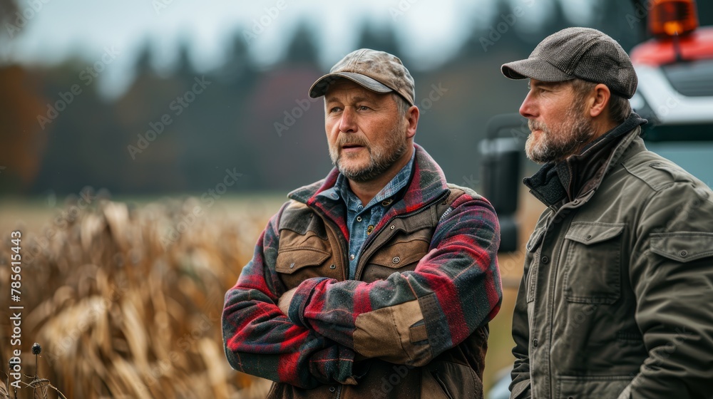 Two mature agronomists are standing in a cornfield, deeply engaged in a discussion about purchasing a new farm truck, symbolizing decision-making and agricultural business planning.