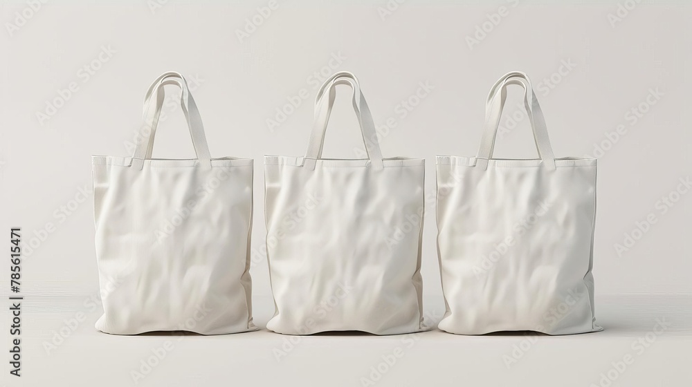three white cotton eco bags with handles reusable shopping tote mockup sustainable fashion illustration - obrazy, fototapety, plakaty 