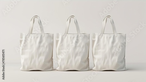 three white cotton eco bags with handles reusable shopping tote mockup sustainable fashion illustration