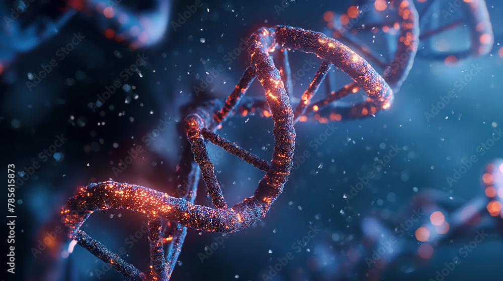  3d rendering of double helix DNA in dark blue background with orange glowing particles