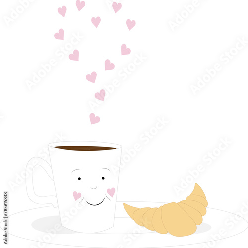 Pink hearts, a smiling cheerful cup of coffee and a croissant.