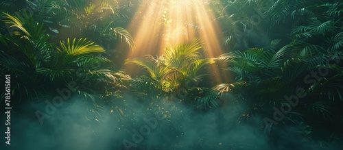 jungle canopy in the mist, lush green tropical forest