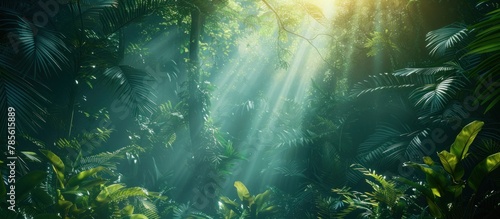 jungle canopy in the mist, lush green tropical forest