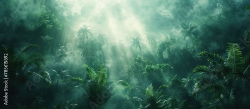 jungle canopy in the mist, lush green tropical forest