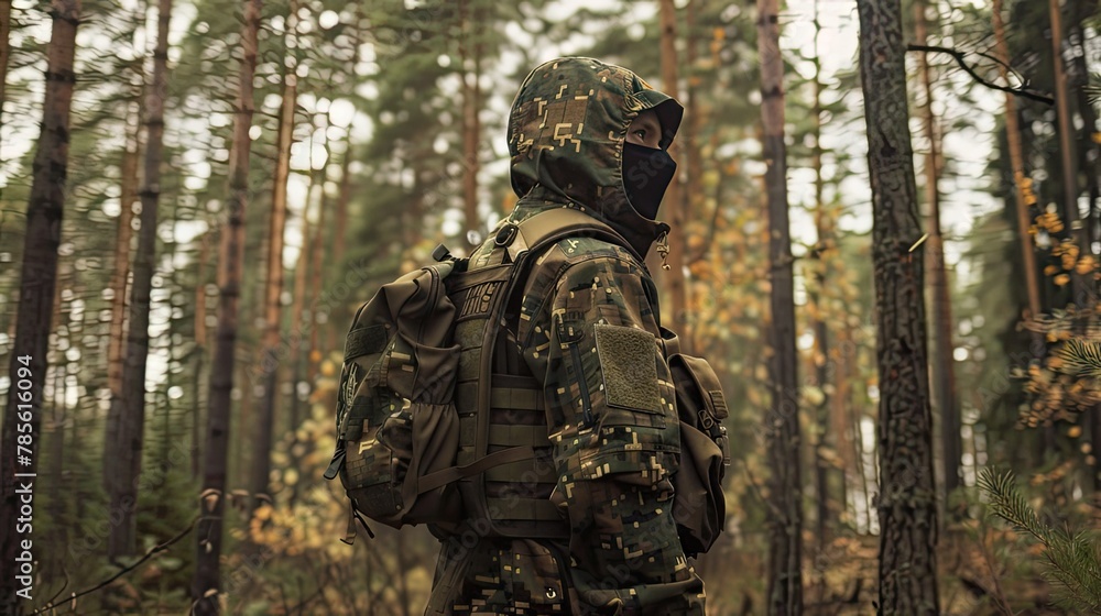Fototapeta premium Patriotic olive buff mask proudly displayed with pixel camouflage. Dive into the world of Ukrainian military style, where tradition meets modern tactical design. Made for the true patriot!
