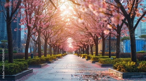 Sakura cherry blossoms in full bloom  contrasting with the backdrop of urban business district. The city park offers a tranquil oasis  showcasing the beauty of nature amidst the concrete jungle