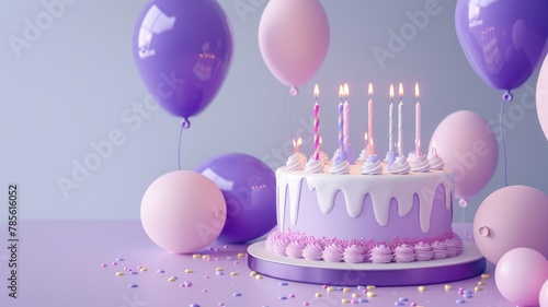 Elegant birthday cake with purple balloons - The image features a classy birthday cake with lit candles and a collection of purple balloons on a pastel background