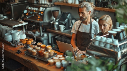 Mature male and female coffee shop owners or managers working together on a laptop among cups and pastries. The scene captures a busy and focused work environment.