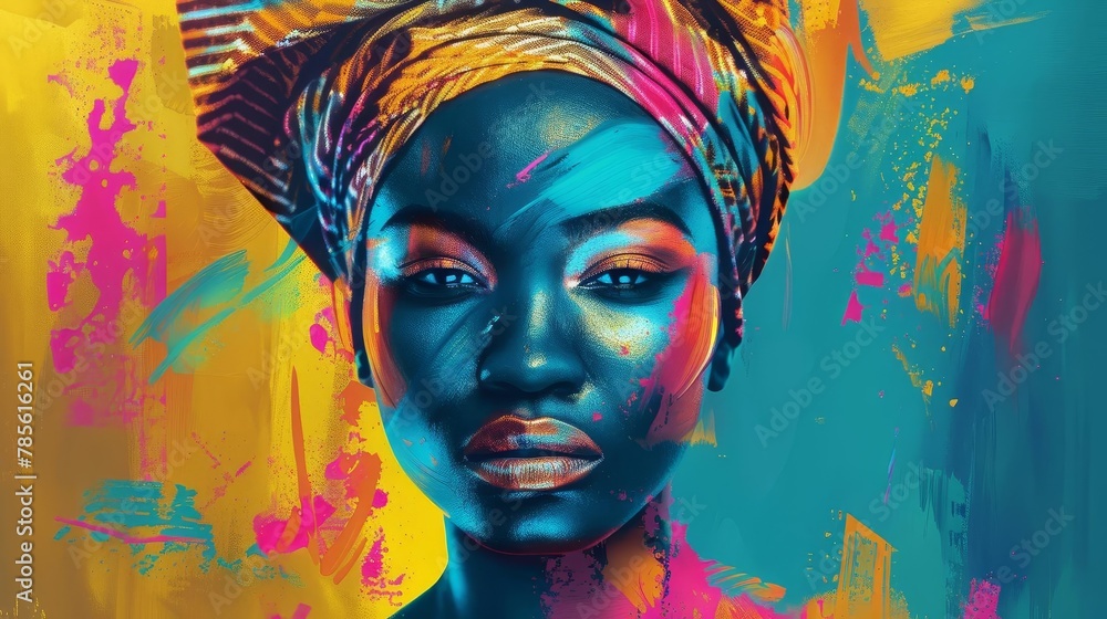 vibrant abstract portrait of a black woman with modern turban african culture digital painting