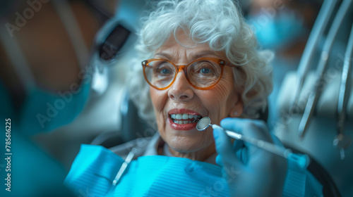 An elderly woman with curly gray hair and glasses receives a dental checkup from a dentist, portrayed with a great deal of attention and care. The setting is a well-equipped dental office.