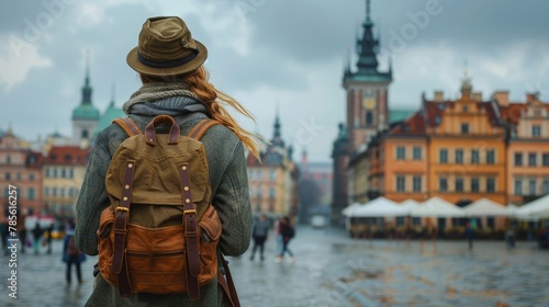 Young female traveling through a historic European city square. She views the colorful buildings and bustling square with a backpack and camera.