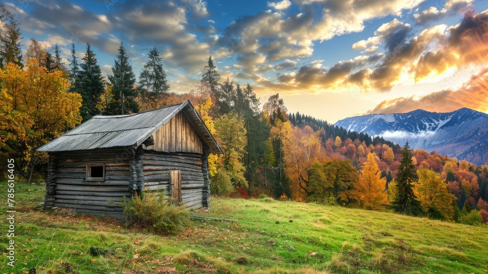 Wooden cottage in a forest during fall season - An idyllic wooden cottage nestles in a dense forest displaying the rich, warm colors of the fall season, under a dramatic sunset sky