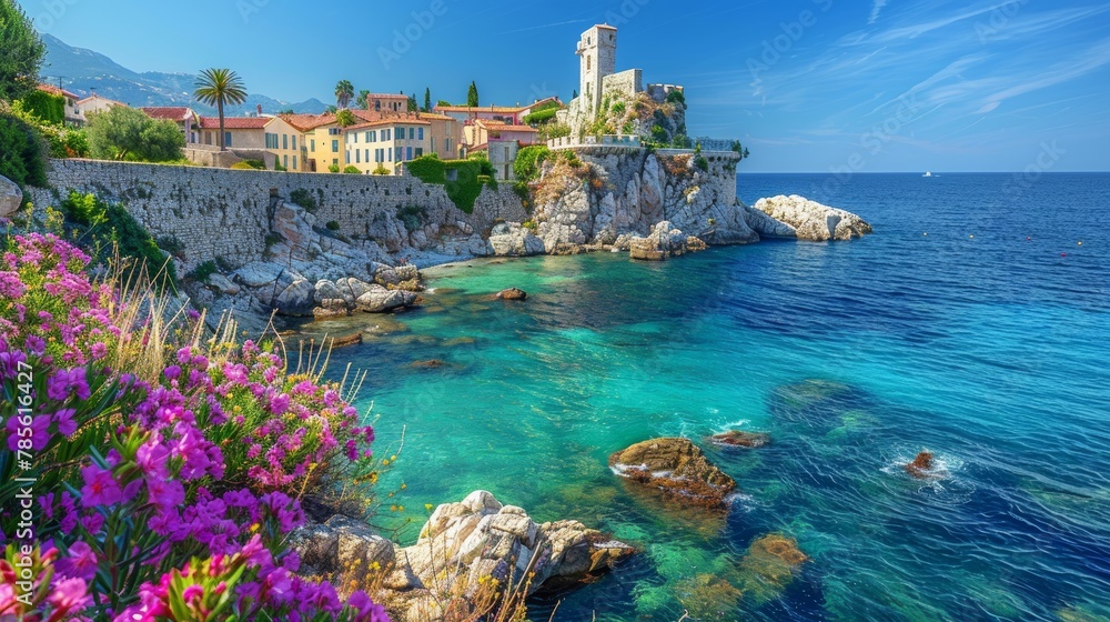Stunning view of an ancient coastal village with vivid pink flowers in the foreground and a crystal-clear turquoise sea, perfect for travel and culture themes.