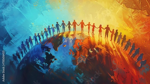 vibrant digital painting of a diverse group of people joining hands around a globe symbolizing unity equality and global cooperation photo