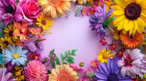Flowers of different colors and sizes create a bright and lively atmosphere. Frame with space for text. Illustration for cover, card, postcard.