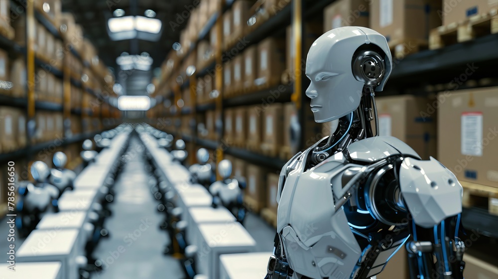 A large warehouse stock of robots in production with a selective focus on one cyborg. Robotic army of the future. Artificial intelligence. Science fiction. Illustration in technological style. A large warehouse stock of robots in production with a selective focus on one cyborg. Robotic army of the future. Artificial intelligence. Science fiction. Illustration in technological style.