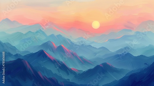 A painting of a ridge of mountains and the sun. Landscape at sunset or sunrise. Natural background in painted style. Illustration for cover, card, postcard, interior design, poster, brochure, etc. © vannet