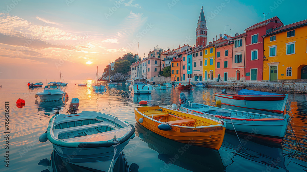 Stunning view of a serene marina at sunset in Piran town. Colorful boats and buildings reflect in the calm water, creating a picturesque setting.