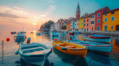 Stunning view of a serene marina at sunset in Piran town. Colorful boats and buildings reflect in the calm water, creating a picturesque setting.