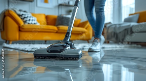Woman efficiently cleans a glossy floor using a cordless vacuum cleaner in a stylishly furnished living room with a vibrant yellow sofa. photo