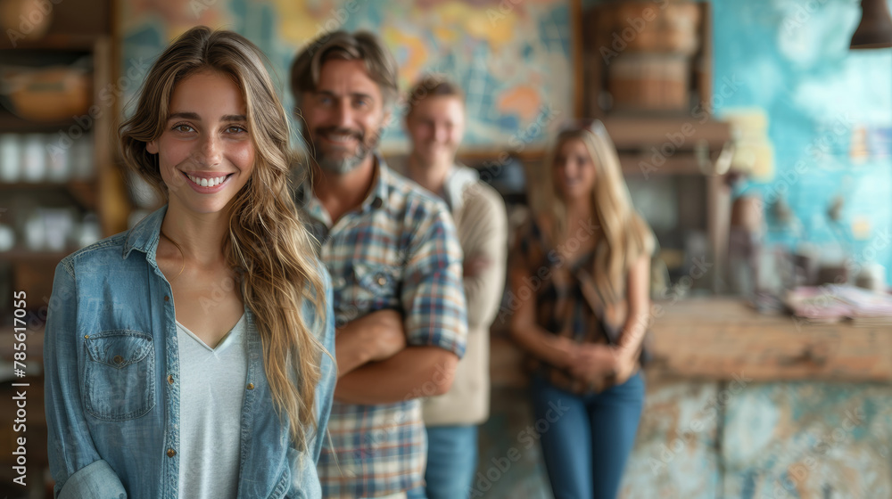 Fototapeta premium Joyful group of young adults in a casual setting inside a stylish, rustic cafe. The focus is on a smiling woman with friends blurred in the backdrop.