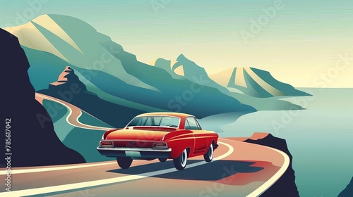 vintage travel poster featuring a retro car on a winding mountain road vector illustration photo