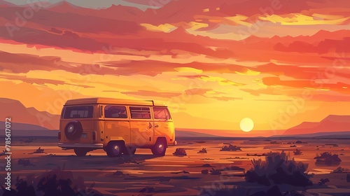 vintage van on road trip through desert at sunset nomadic adventure seeking freedom and escape in nature digital illustration photo